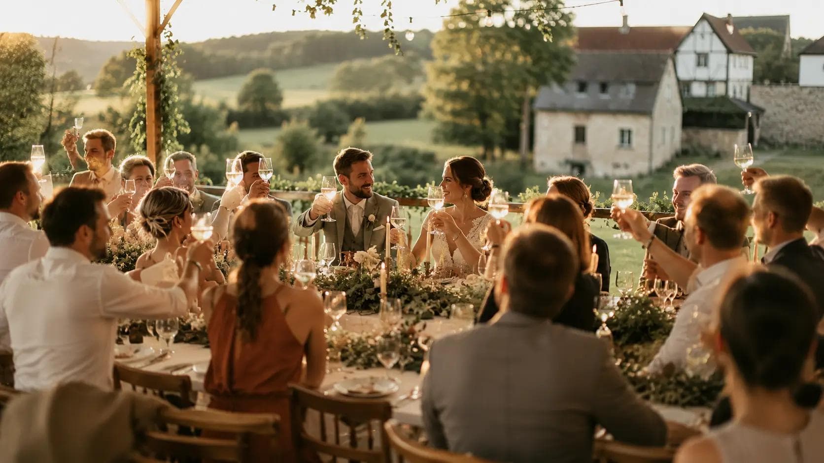 Brautpaar feiert Hochzeit in Deutschland mit Gästen an festlich gedeckter Tafel