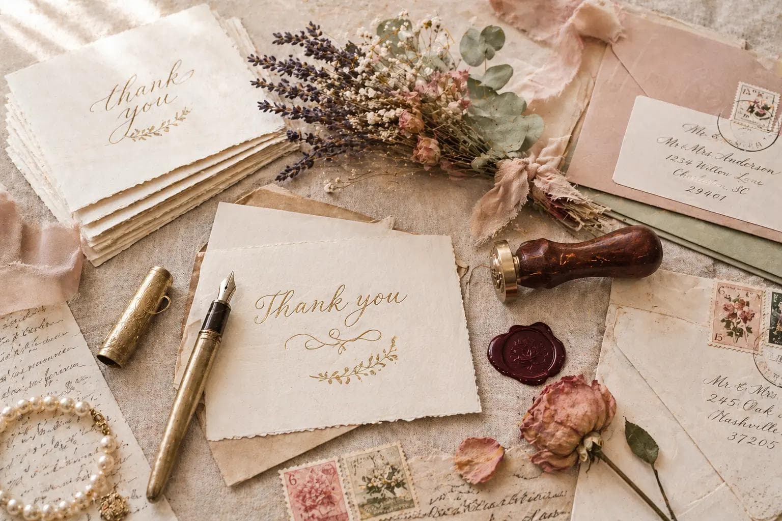 Newlywed couple writing wedding thank you cards together at a table