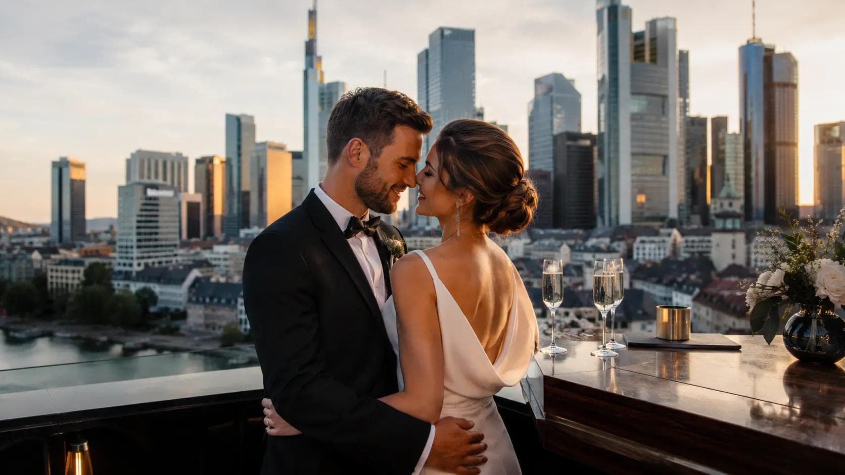 Brautpaar feiert Frankfurter Hochzeit mit Skyline und historischem Römer im Hintergrund