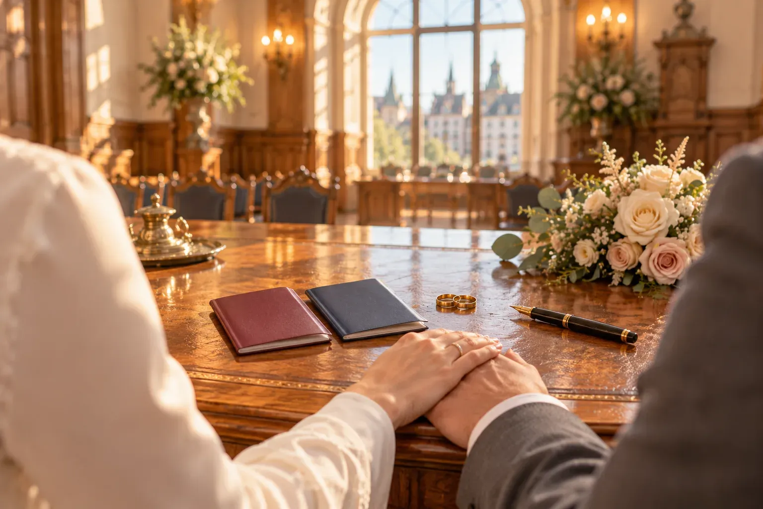 Two passports and wedding rings on a registry office desk in a German town hall