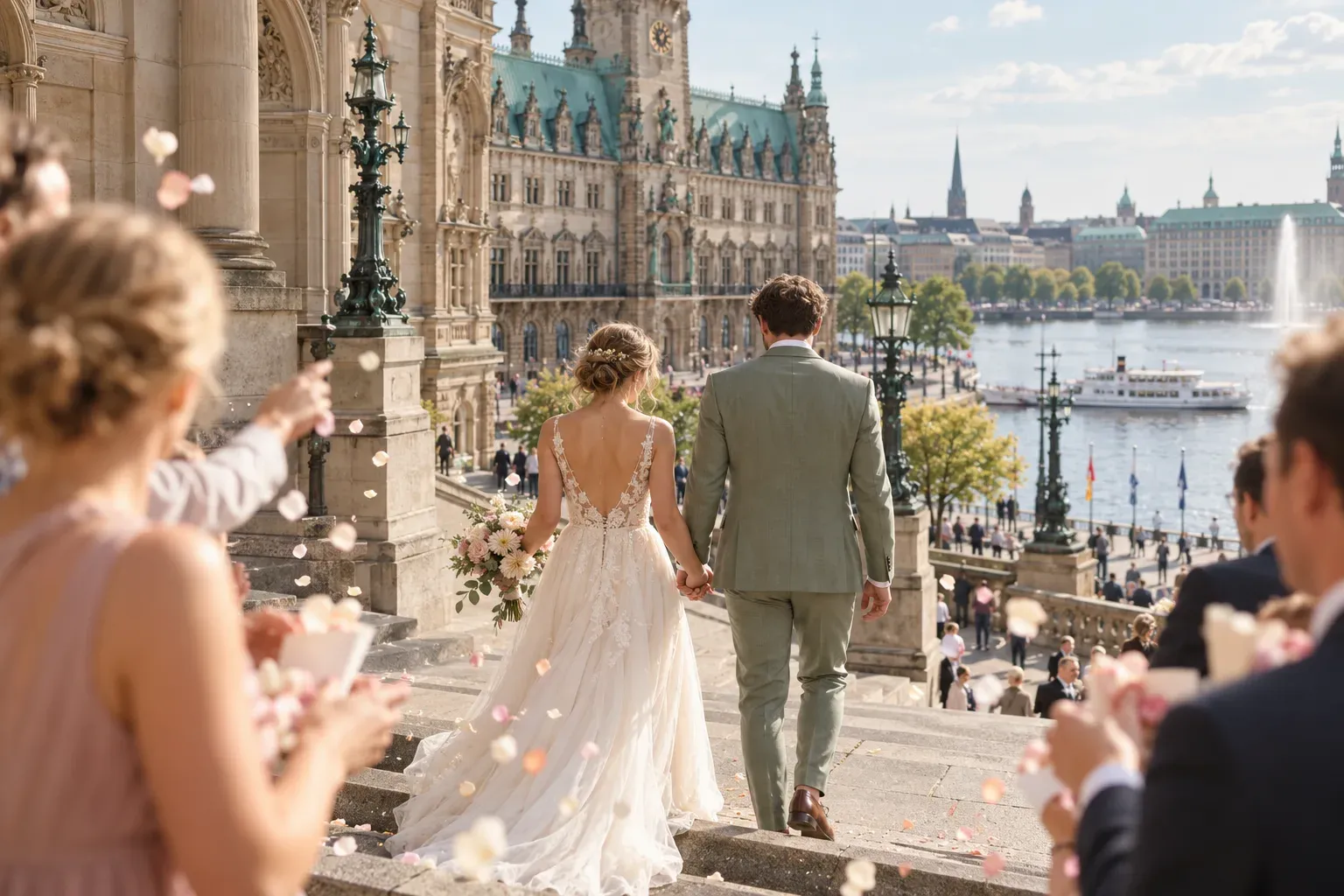 Brautpaar verlässt nach der standesamtlichen Trauung das Rathaus in Hamburg