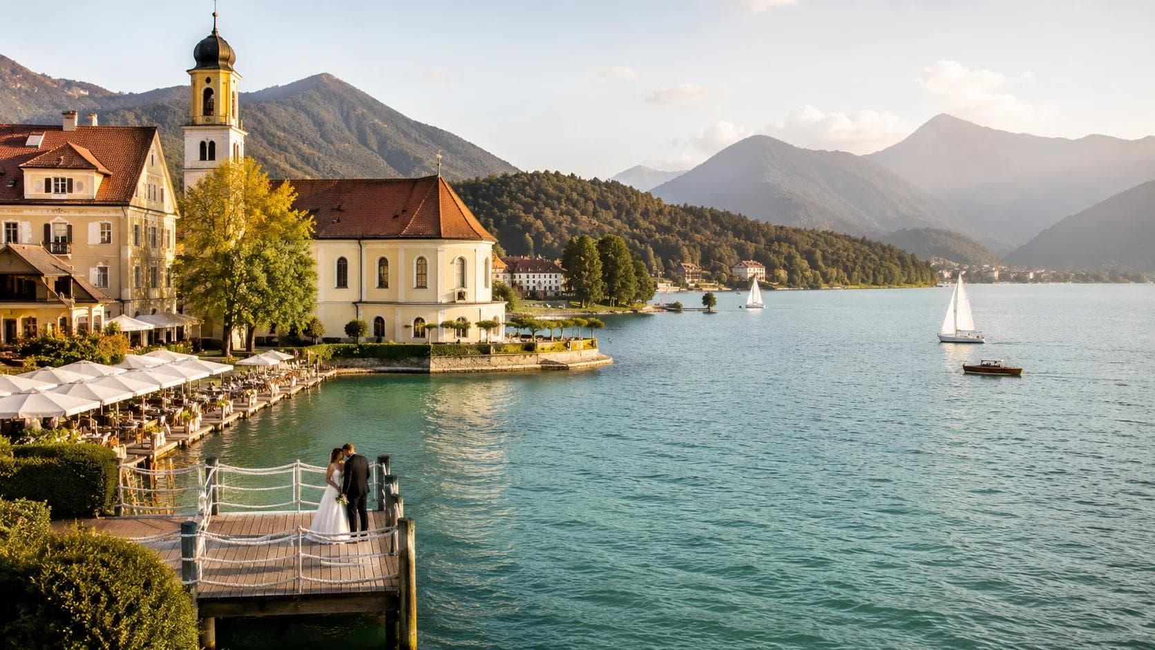 Brautpaar feiert Hochzeit am Tegernsee mit Alpenpanorama im Hintergrund