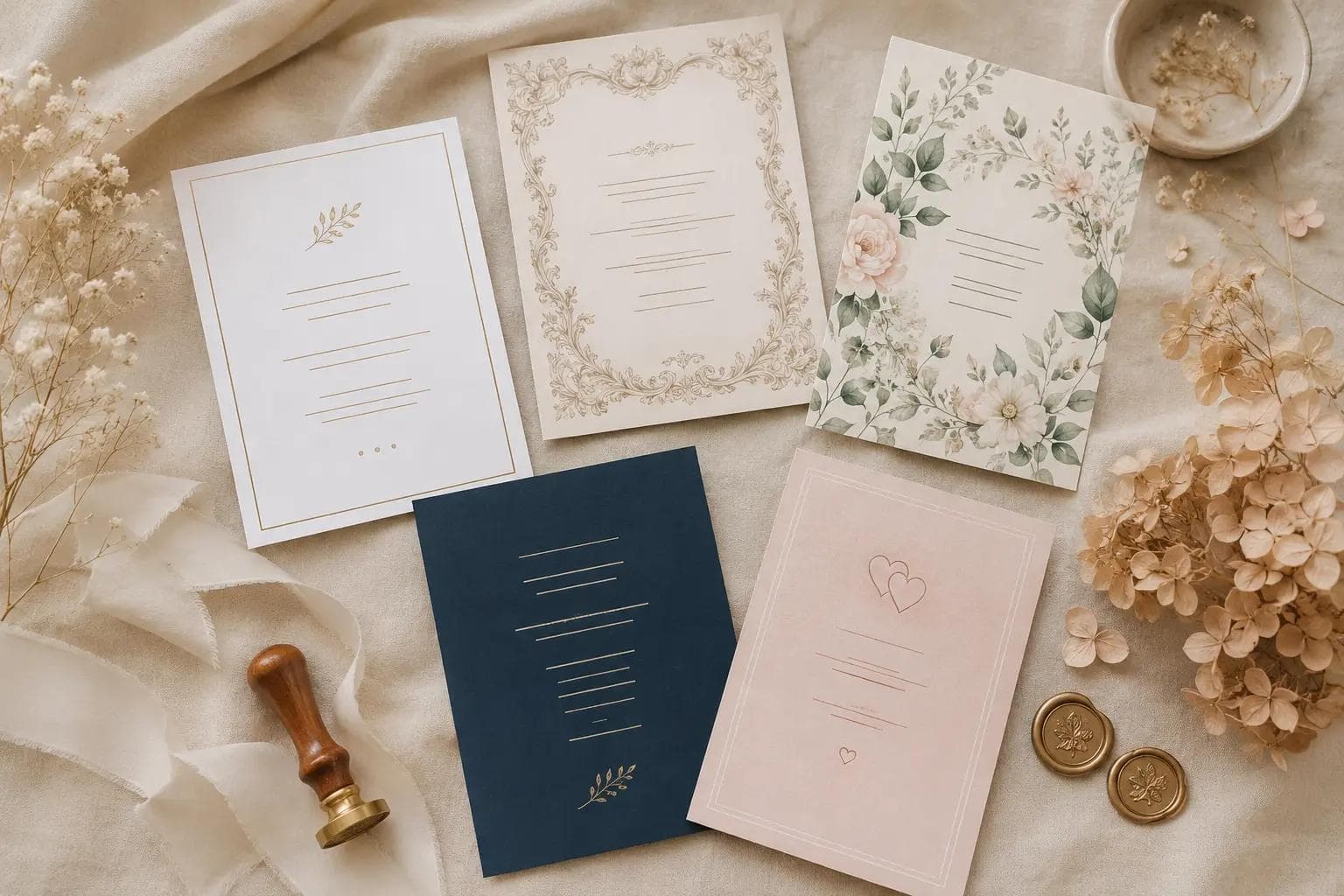 KI-Hochzeitseinladungs-Generator — 5 Designs mit individuellem Text