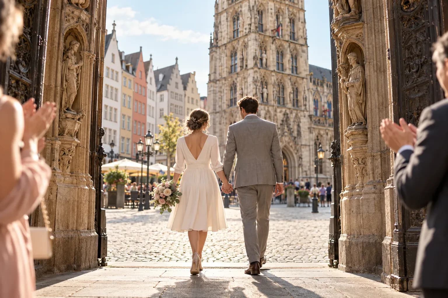 Brautpaar vor dem Historischen Rathaus Köln am Alter Markt nach der standesamtlichen Trauung