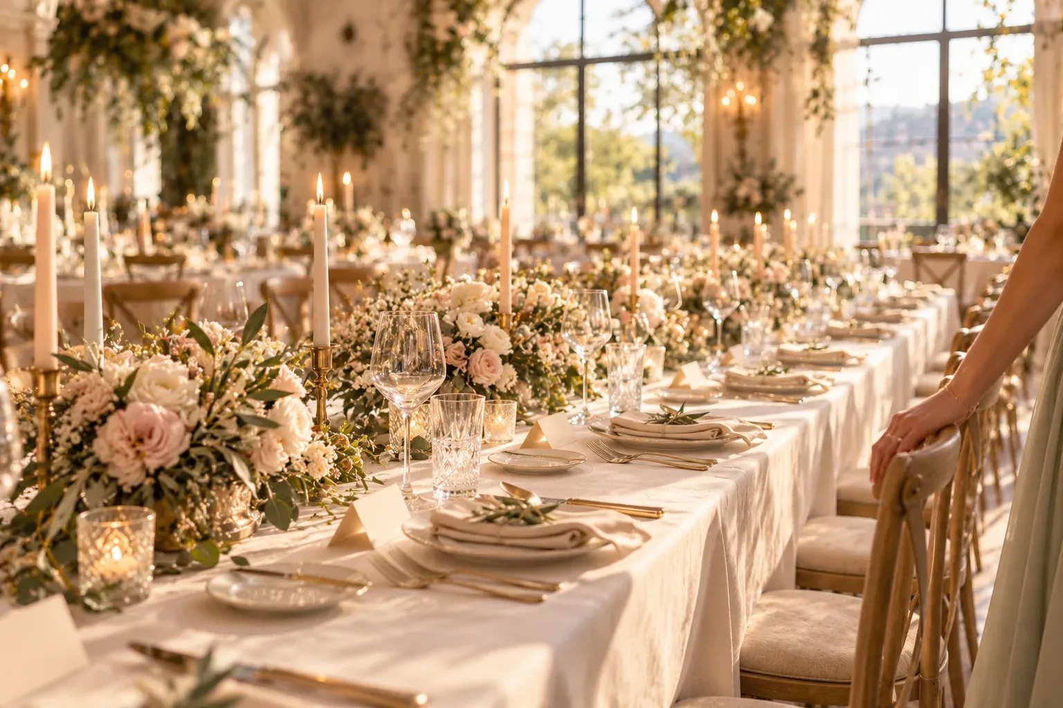 Festlich gedeckte Hochzeitstafel für eine mittelgroße Hochzeitsgesellschaft