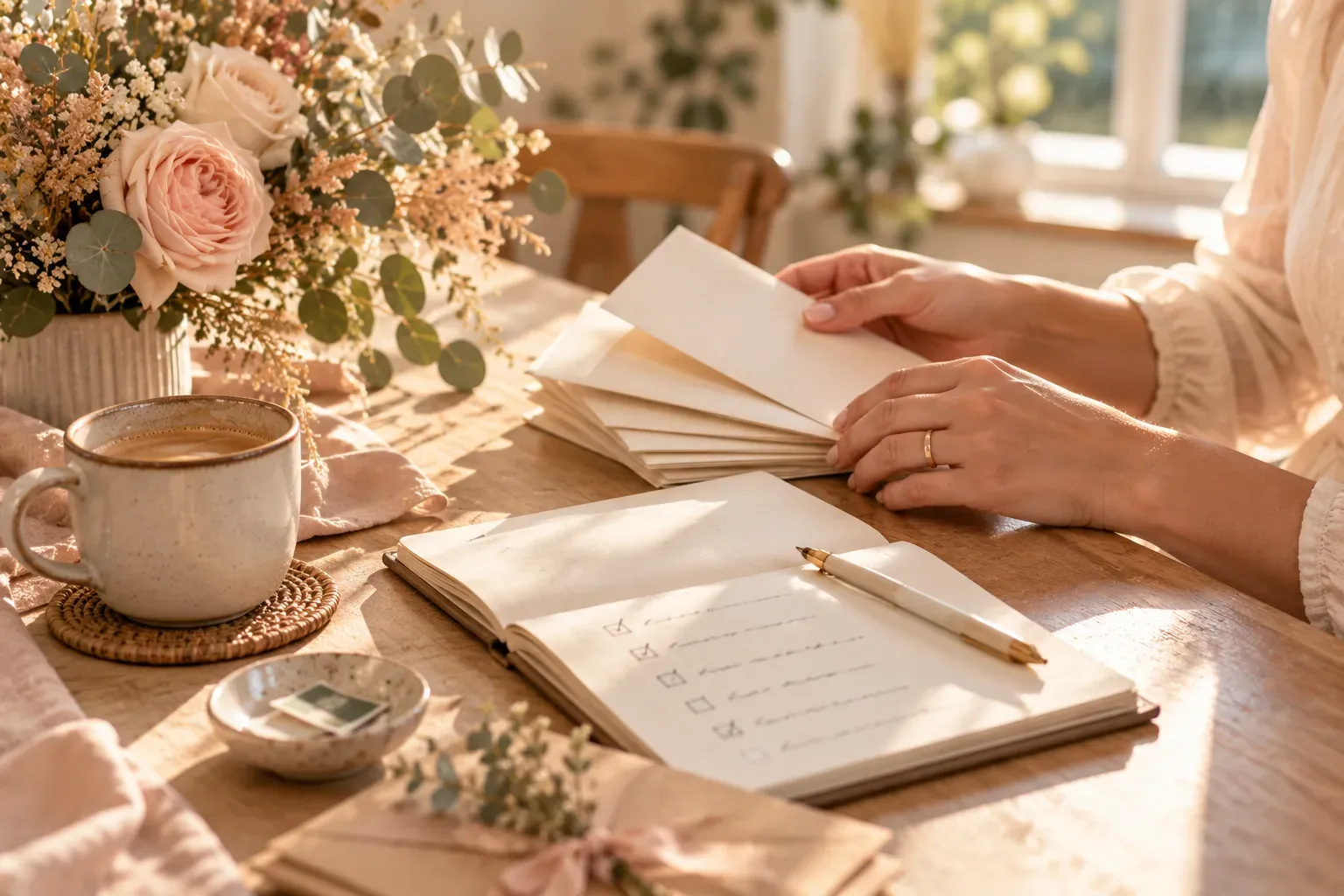 Frisch verheiratete Hand mit Ehering sortiert Briefe und eine Checkliste für die Namensänderung