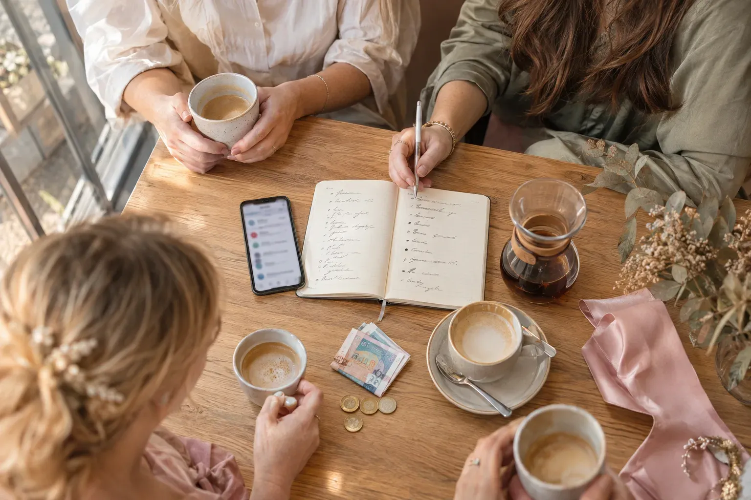 Friends around a café table planning a bachelorette party budget, with a notebook of costs, cash and coffee cups.